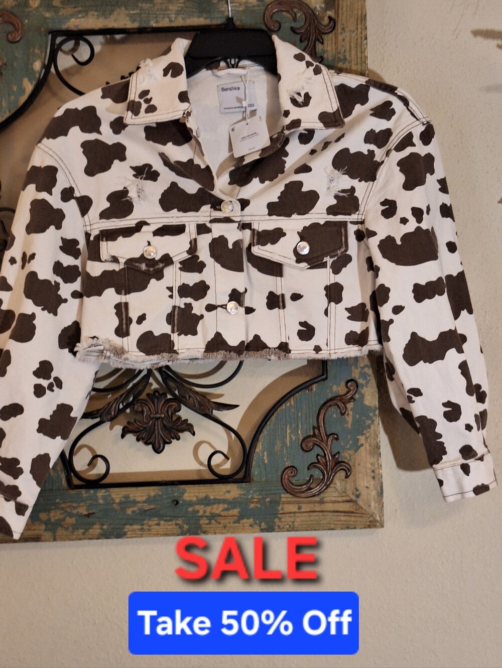 Bershka Brown & White Cowprint Cropped Jean Jacket. NWT Size XS